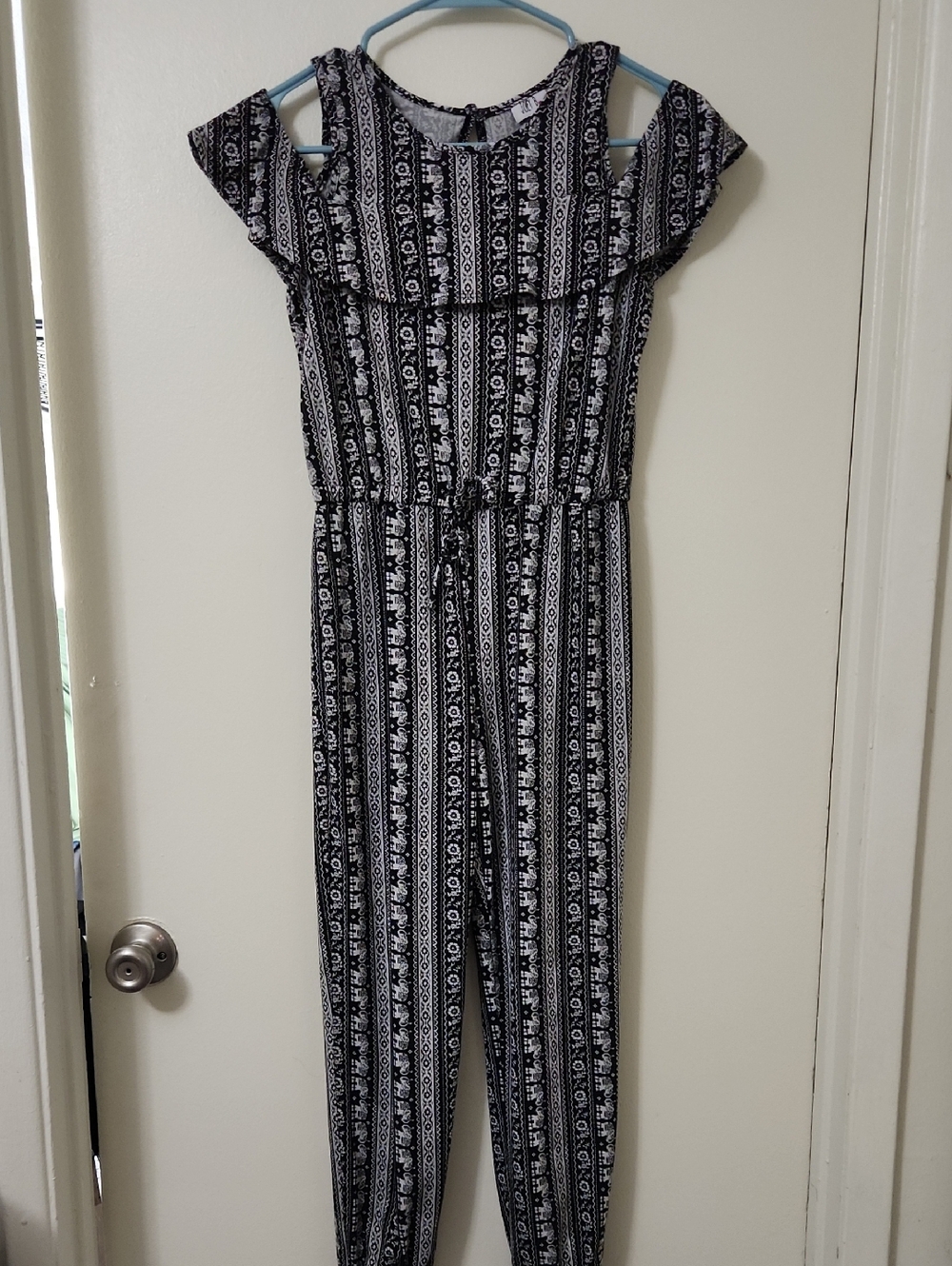 Joe B Black & White Printed Ruffle-Shoulder Jumpsuit